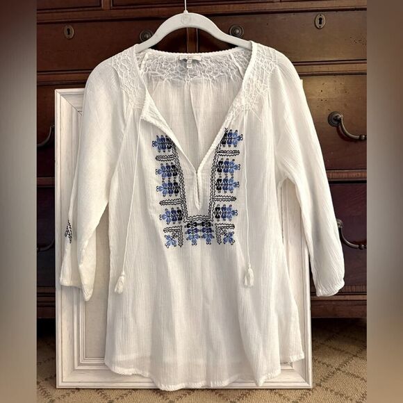Joie white guazy tunic cover up with blue embroidery detail NWOT XS - Picture 1 of 13